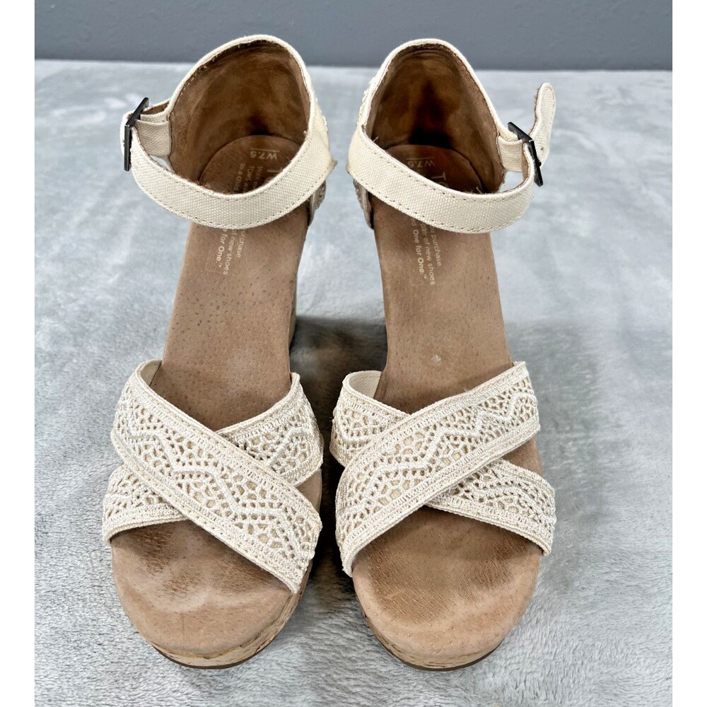 TOMS Sienna Crochet Wedge Sandals Womens 7.5 Cream Ivory Lace Ankle Strap